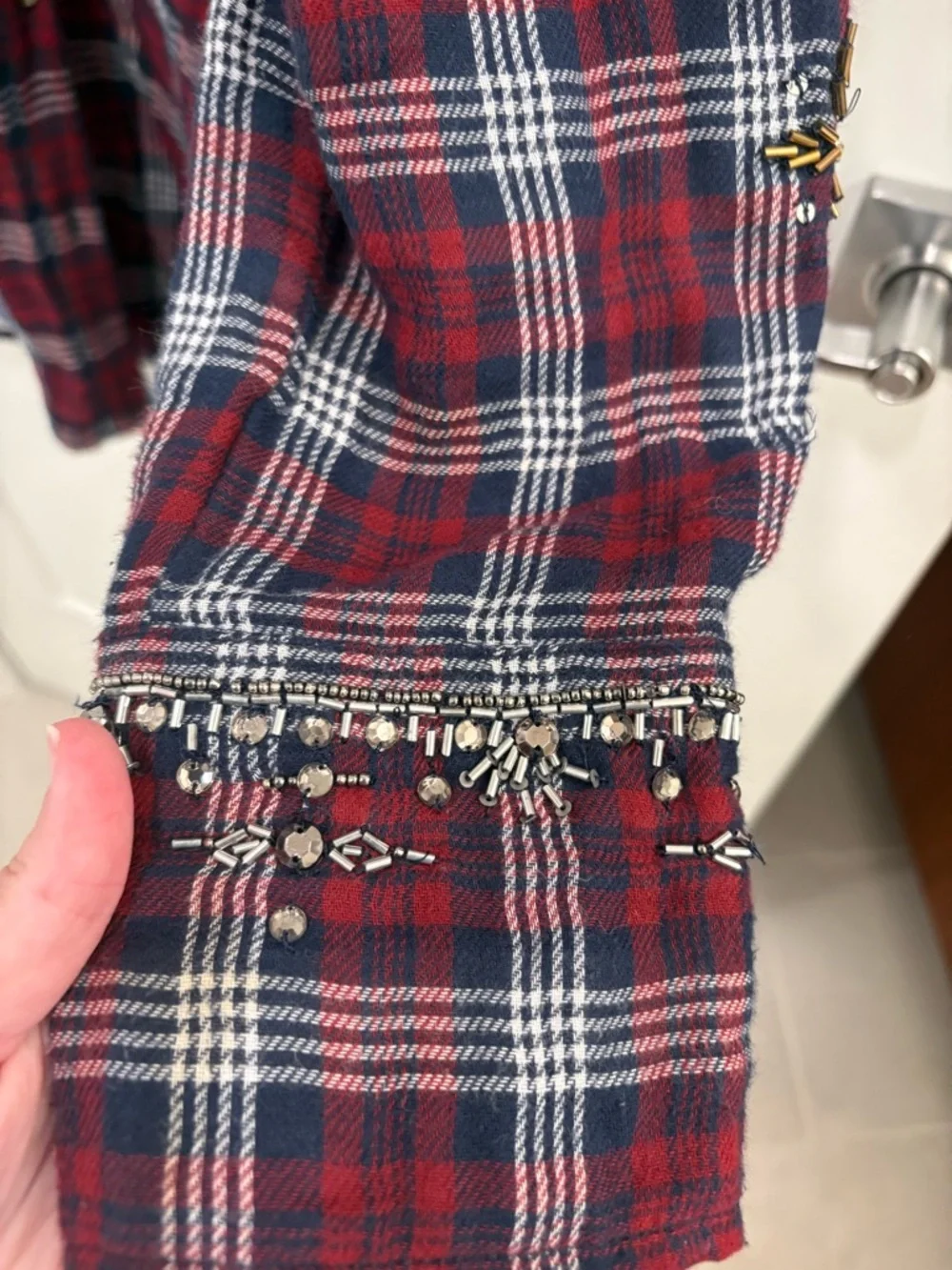 Free People Downtown Romance Red Blue Oversized Embellished Plaid Shirt Size L